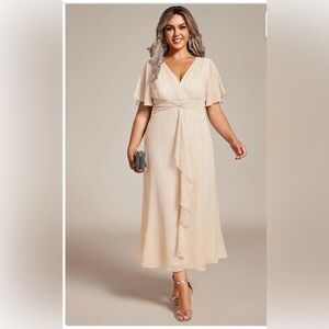 Ever Pretty Light Cream V-Neck Flutter Sleeve Maxi Gown.